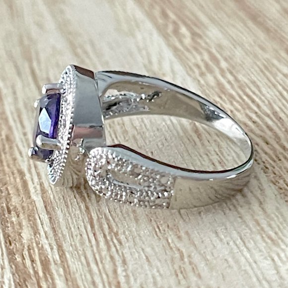 Round Simulated Amethyst Halo Ring w/ Looping Split Shank - 925 Sterling Silver - Picture 2 of 5